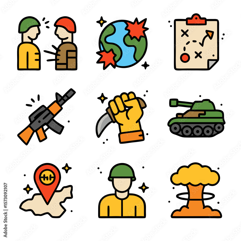 Fototapeta premium World war strategy icons depict conflict weapons, nuclear explosion. Suitable for militarythemed designs, history education resources, and gaming visuals.