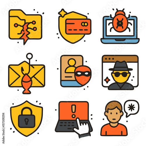 Cyber crime icons for threat and security visualization. Suitable for cybersecurity blogs, presentations, and online security awareness campaigns.