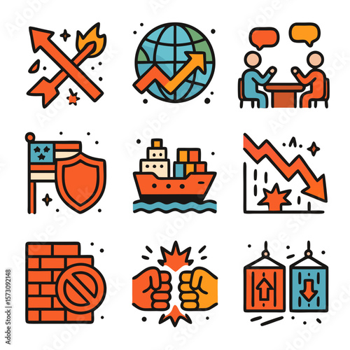 Trade war icons represent global tensions and protectionist policies. Perfect for illustrating economics, politics, global trade disputes, or news articles.