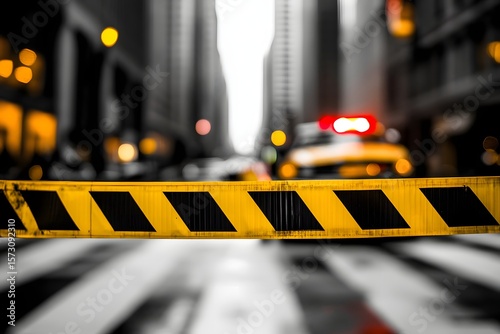 Caution Tape Blocks Street in Urban Setting with Blurred Cityscape Background