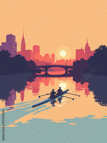 Boston - Charles River rowers at sunrise with brick-red skyline reflections and soft amber glow