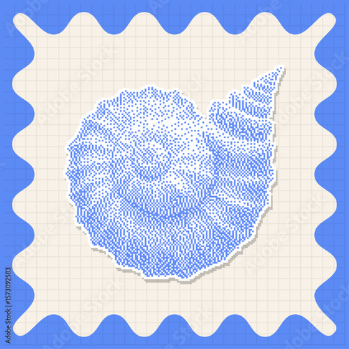 A pixelated ammonite fossil illustration with a stamplike border design
