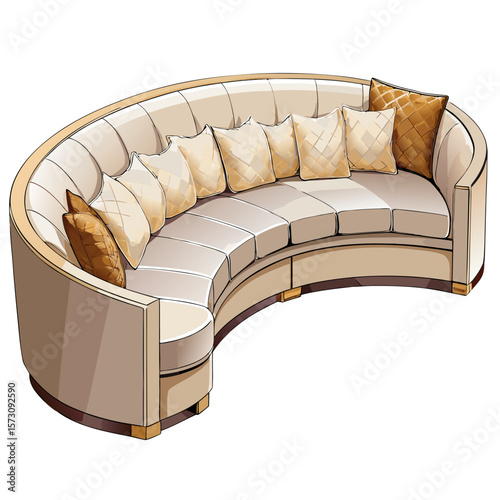 Elegant Curved Sectional Sofa with Beige Upholstery and Gold Accents