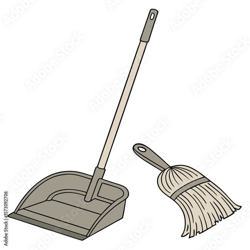 Simple broom and dustpan outline, perfect for cleaning, household chores, or tidiness designs on a white background.