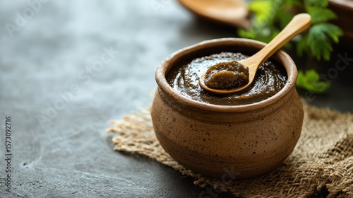 Traditional Ayurvedic Chyawanprash in a Clay Pot with Spoon