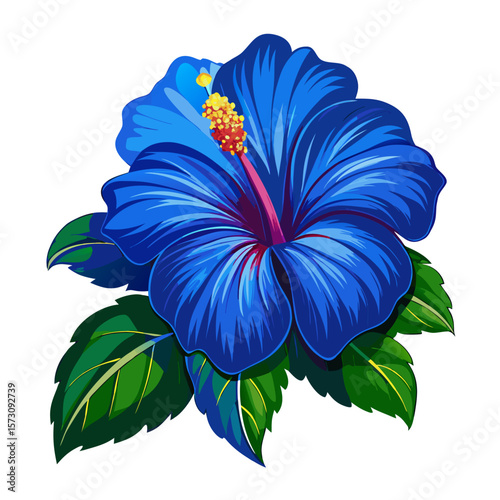 Vibrant Blue Hibiscus Flower with Lush Green Leaves