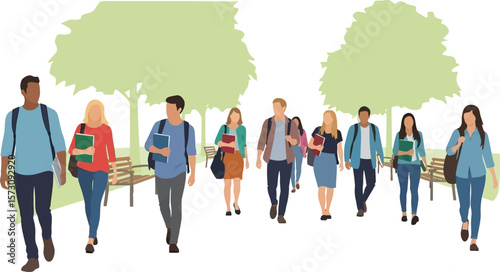 College students walking together campus life education university lifestyle group