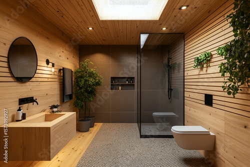 A modern bathroom featuring warm wooden walls, a floating toilet, a glass shower enclosure, and stylish mosaic accents with green plants.