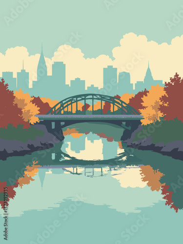Portland - Willamette River bridges with autumn foliage reflections in amber, emerald, and slate