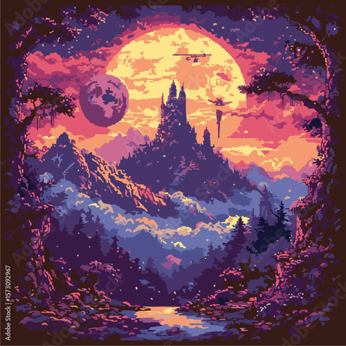 A dark Halloween night landscape reveals a silhouette of a castle under a moonlit, starry sky with gnarled trees and distant mountains