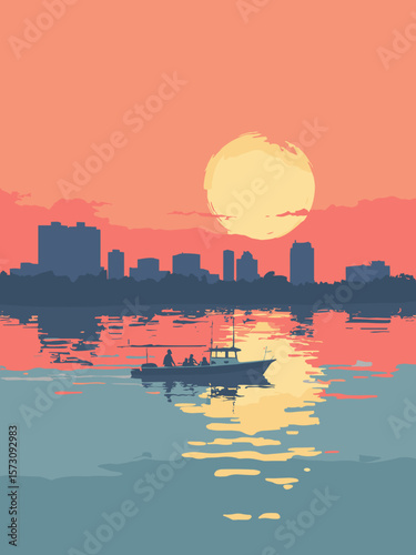 Tampa - Hillsborough Bay sunset cruise silhouette in coral, navy, and pale gold