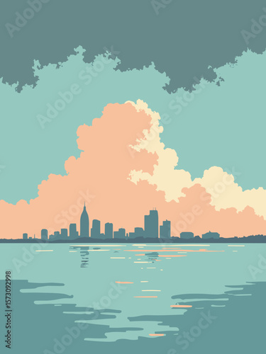 Corpus Christi - calm bay waters with Texas skyline under teal, peach, and storm gray clouds