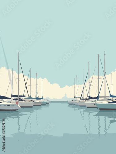 Long Beach - harbor channels with yacht masts against pale blue sky and steel gray water