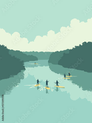 Jacksonville - St Johns River bends with paddleboarders under mint green and soft blue sky