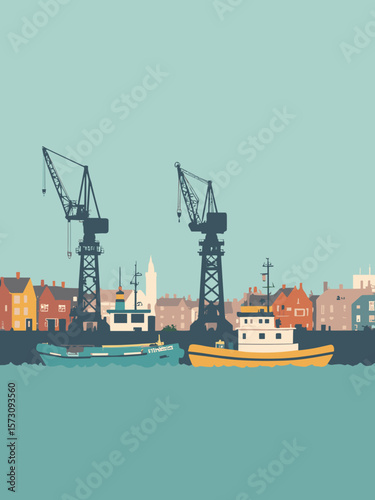 Bristol - floating harbor with colorful barges and old cranes in turquoise, mustard, and charcoal