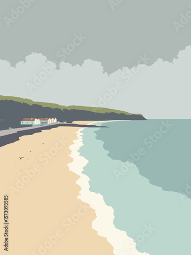 Swansea - sandy bay and coastal promenade under silver-gray skies in slate, cream, and seafoam