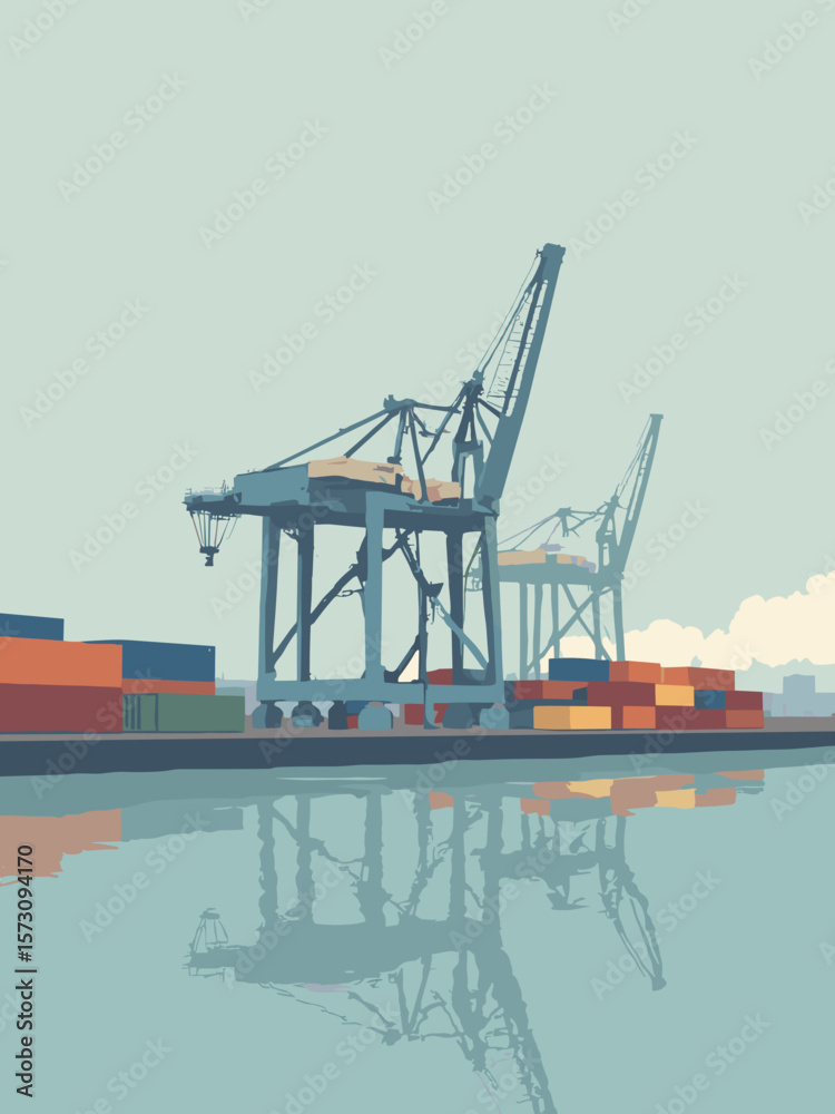 Fototapeta premium Bremerhaven - harbor cranes and shipping containers reflected in steel-blue water under overcast sky