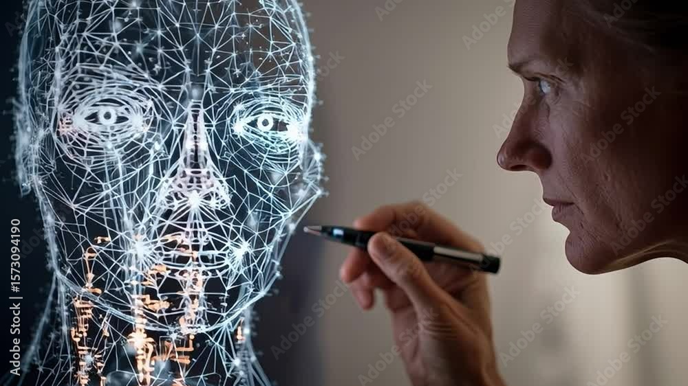 Innovative artist creating digital robot design in a modern studio