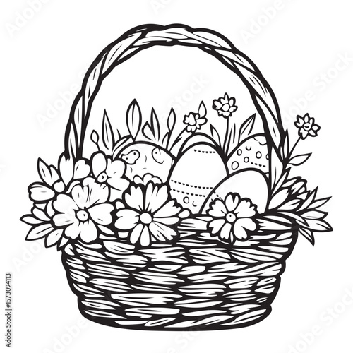 Floral basket with Easter eggs Coloring Page Kids, Decorative basket filled with colorful eggs and flowers for a festive celebration , Floral basket with Easter eggs vector illustration