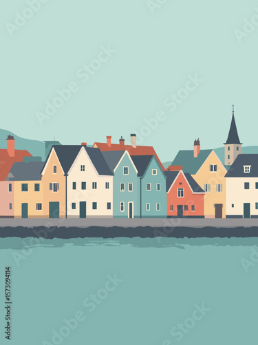 Stralsund - Strelasund strait with historic gabled houses in pastel, teal, and slate