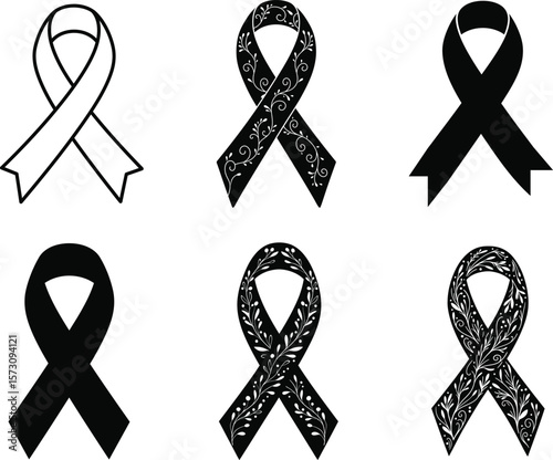 Set of Black Memorial Ribbons Mourning and Remembrance Symbol Vector Collection .