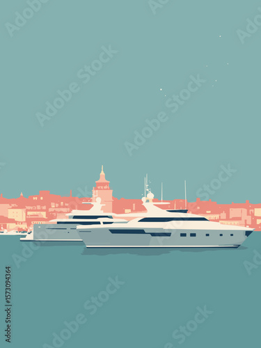 Cannes - Cannes harbor luxury yachts in coral, seafoam, and stone gray under festival lights