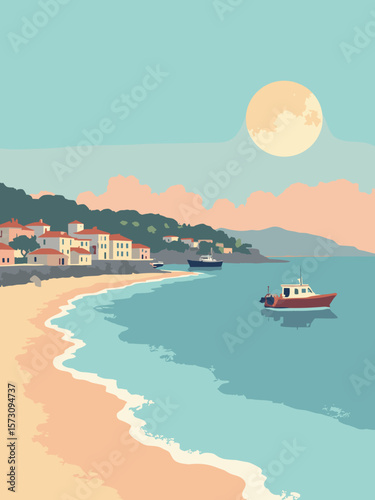 Antibes - port with fishing boats and sandy beaches under azure sky and pale peach sunrise