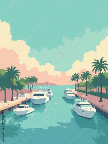 Fort Lauderdale - sunlit Intracoastal Waterway lined with yachts and palm trees in turquoise, sandy beige, coral pink, and emerald green