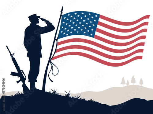 Black silhouette of a person, man or woman, holding an American flag with a sunset sky illustration