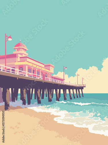 Ocean City - boardwalk meeting gentle Atlantic waves under carnival lights in aqua, neon pink, driftwood brown, and ivory