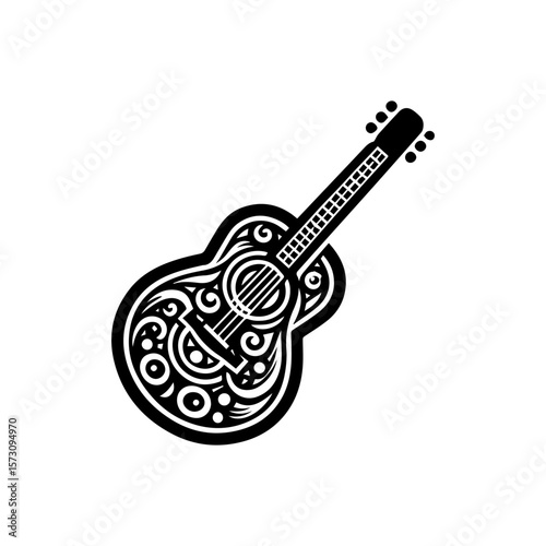 Intricate black and white illustration of a decorative acoustic guitar.
