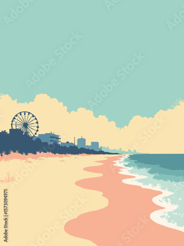Myrtle Beach - wide sandy shore with rolling surf and ferris wheel silhouette in teal, peach, navy, and pale yellow