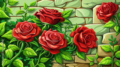 Very beautifl l Red roses clinging to a stone wall. Lush greenery intertwining with vibrant blooms