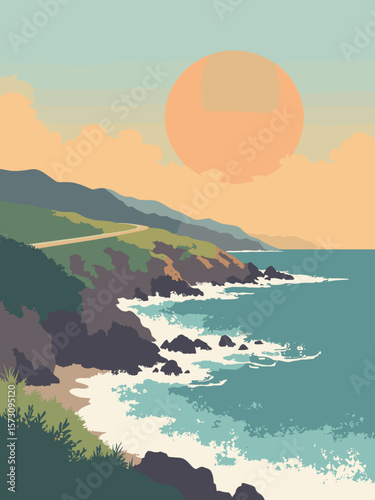 Monterey - coastal highway bends above Pacific swell and rocky shores in slate gray, teal, moss green, and sunset orange