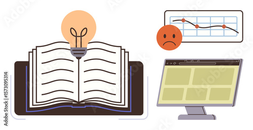 Open book with light bulb, sad face with downward graph trend, and computer screen. Ideal for education, innovation, failure analysis, digital projects, learning, planning simple flat metaphor