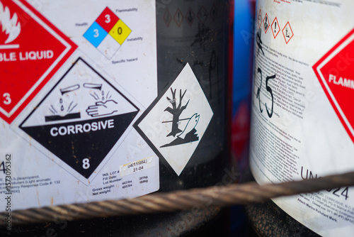 Acidity corrosion or skin burn hazard, safety sign on the chemical containment barrel. Sign and symbol for industrial product, close-up.