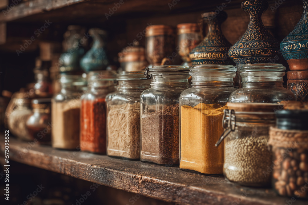 A shelf full of glass jars with spices in them A shelf full of glass jars with spices in them