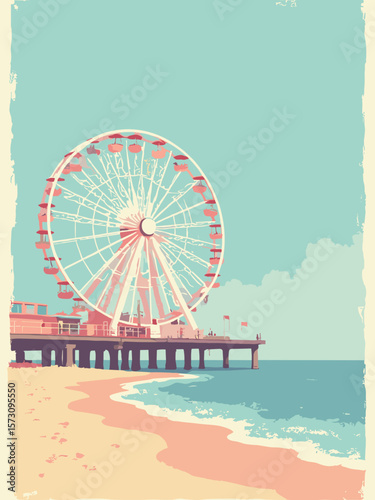 Rehoboth Beach - vintage ferris wheel and gentle surf in mint, coral, cream, and sky blue
