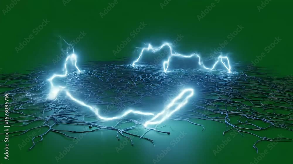 Abstract lightning bolt striking a network of branches on a green background.