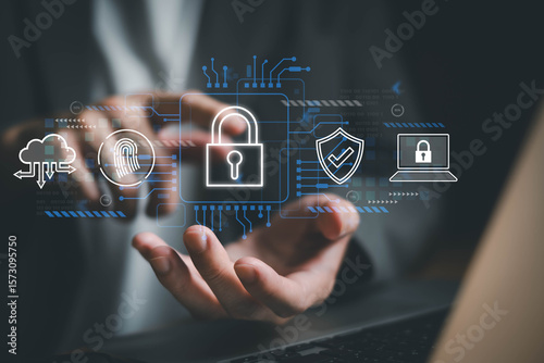 Business person secure technology data privacy to prevent cybercrime. Data security or PDPA compliance. Business and financial information data encryption and authentication.