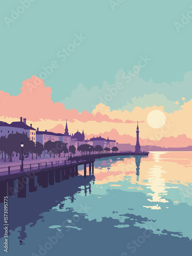 St Petersburg - waterfront promenade with St Pete Pier reflections in teal, coral, cream, and dusk purple
