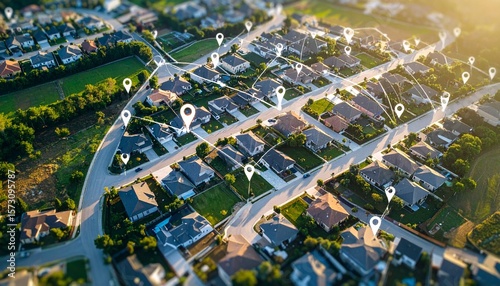 Aerial view of property mapping with location markers and connected lines highlighting land plots.