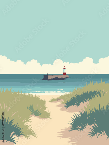 Provincetown - dunes and pier leading into calm bay in oat, mint, sky blue, and lobster red accents