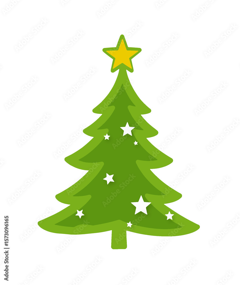 Fototapeta premium green cartoon christmas tree with yellow golden star and white stars