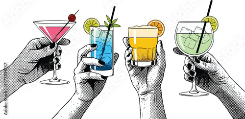 Set of hands holding colorful summer cocktails in a pop art halftone style. Vector illustration for a party or bar menu.
