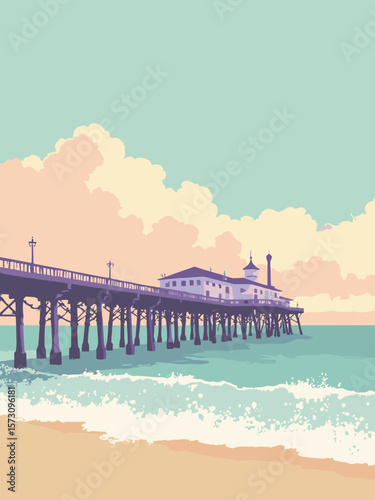 Margate - vintage seaside pier and gentle surf under pastel clouds in peach, lavender, mint, and sand