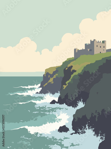 Whitby - North Sea waves crashing against castle cliffs in storm gray, sea green, weathered stone, and pale sky