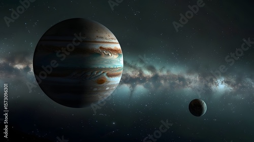 A vast, floating gas giant planet with prominent atmospheric bands, resembling Jupiter or Uranus, alongside a smaller moon, set against a star-filled galaxy.