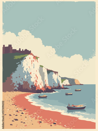 Hastings - shingle beach and fishing boats beneath historic cliffs in slate gray, brick red, driftwood, and cream