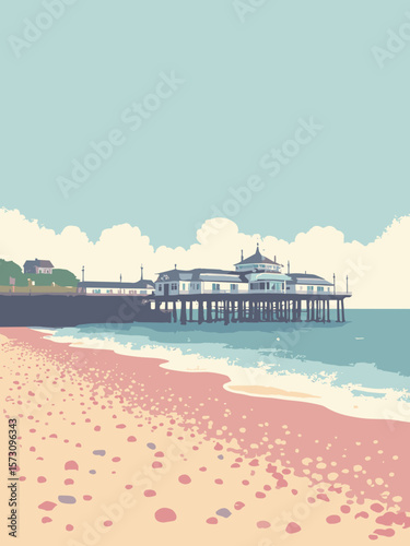 Eastbourne - pebble beach with Victorian pier in pebble gray, sky blue, ivory, and pastel pink